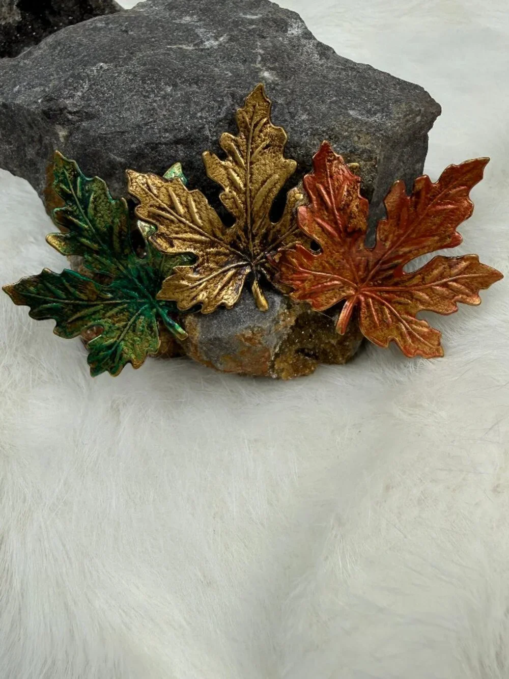 Vintage Tri-Tone Maple Leaf Brooch Green, Yellow & Orange Fall Autumn